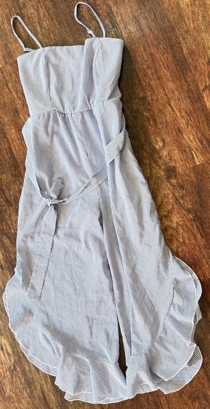 Papaya Blue White Striped Adjustable Spaghetti Strap Romper Large